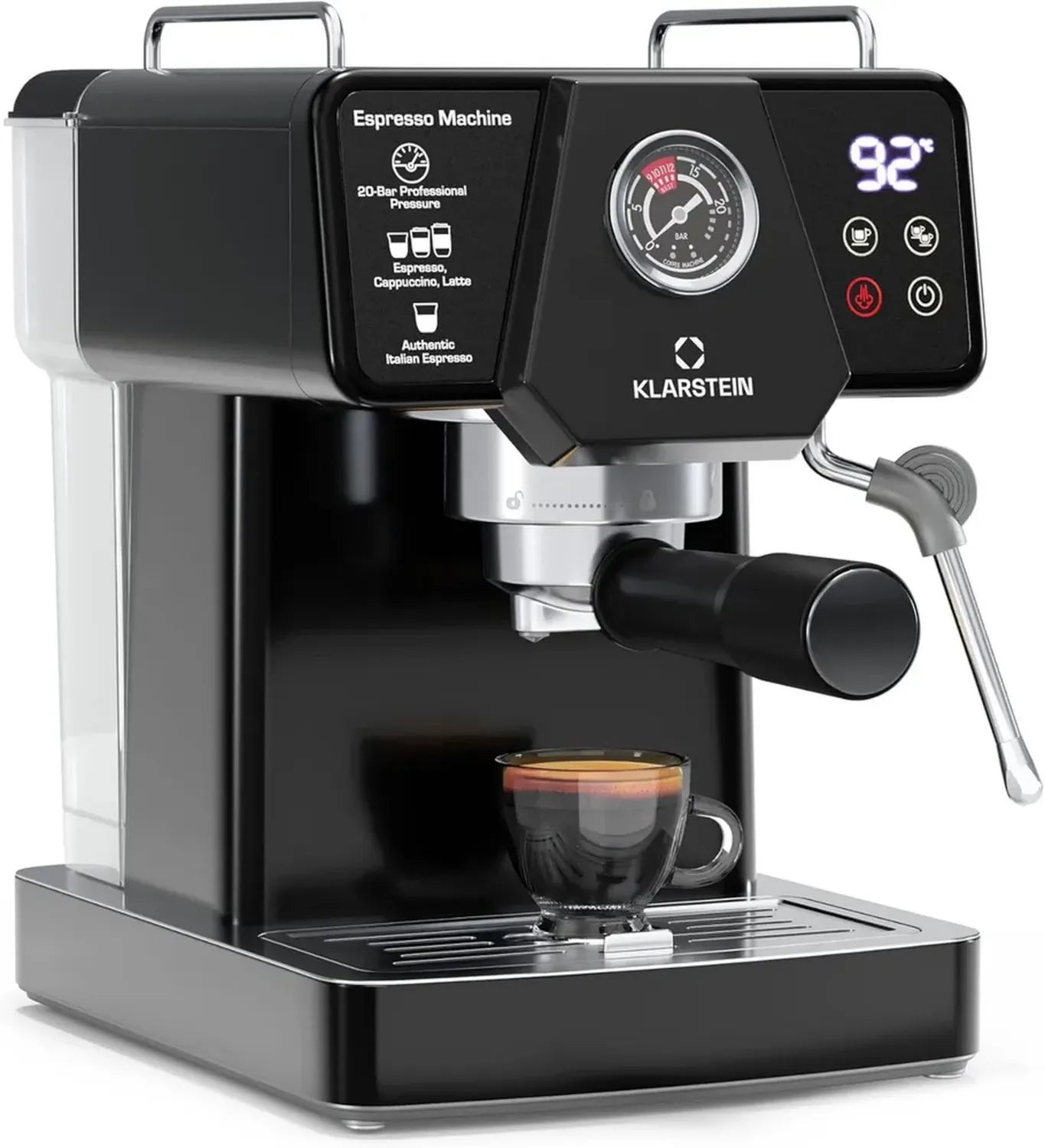 Klarstein Libeica Machine à Café en Grains - 19 Bars, 1350W, Acier Inoxydable, Buse Vapeur, Réservoir 1,8L, Panneau Tactile, Expresso et Café Moulu, Design Élégant