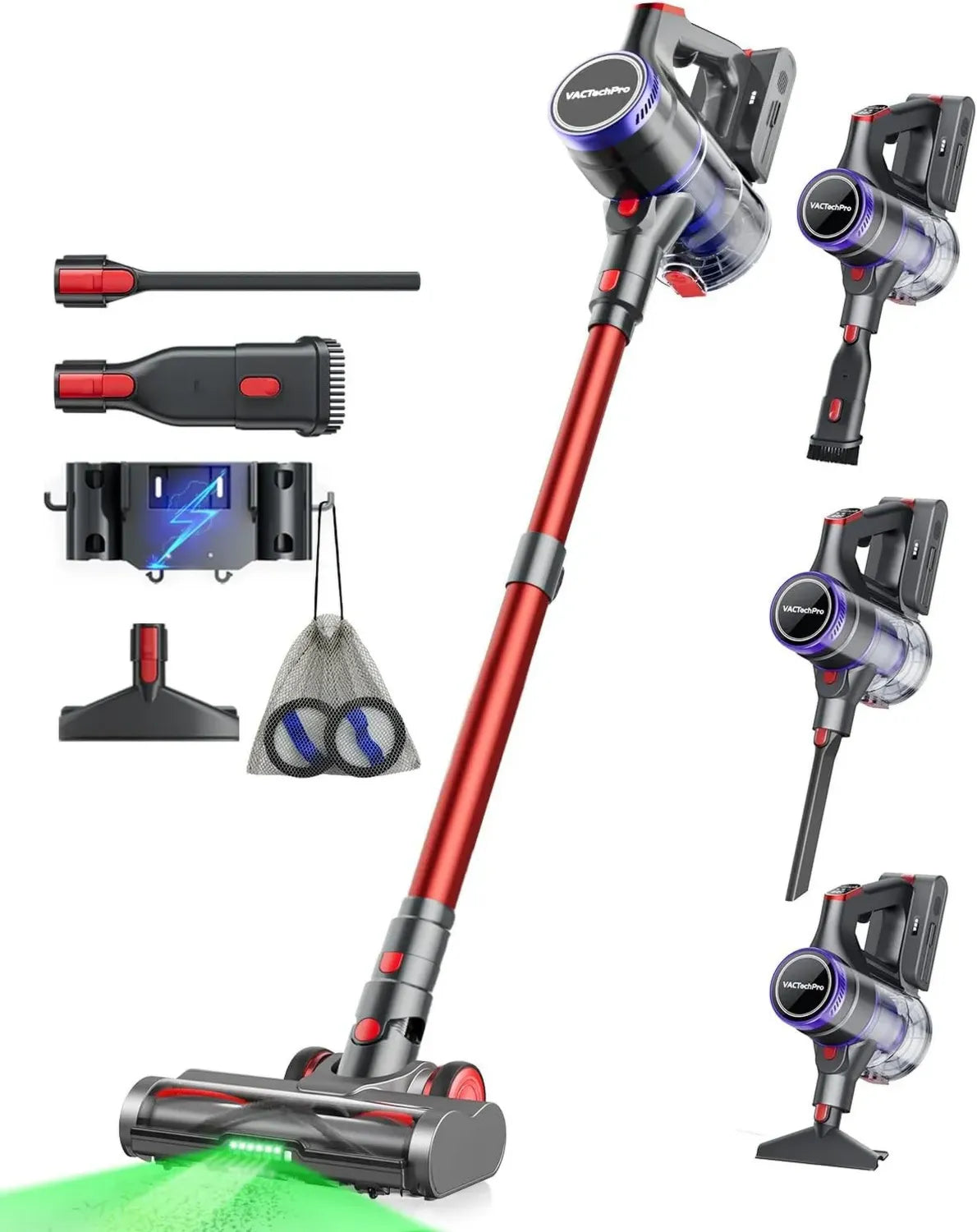 Aspirateur Balai sans Fil 48000Pa 550W, Autonomie 70min, Filtration 8 Couches, Très Silencieux, Brosse Anti-Noeuds, Rouge