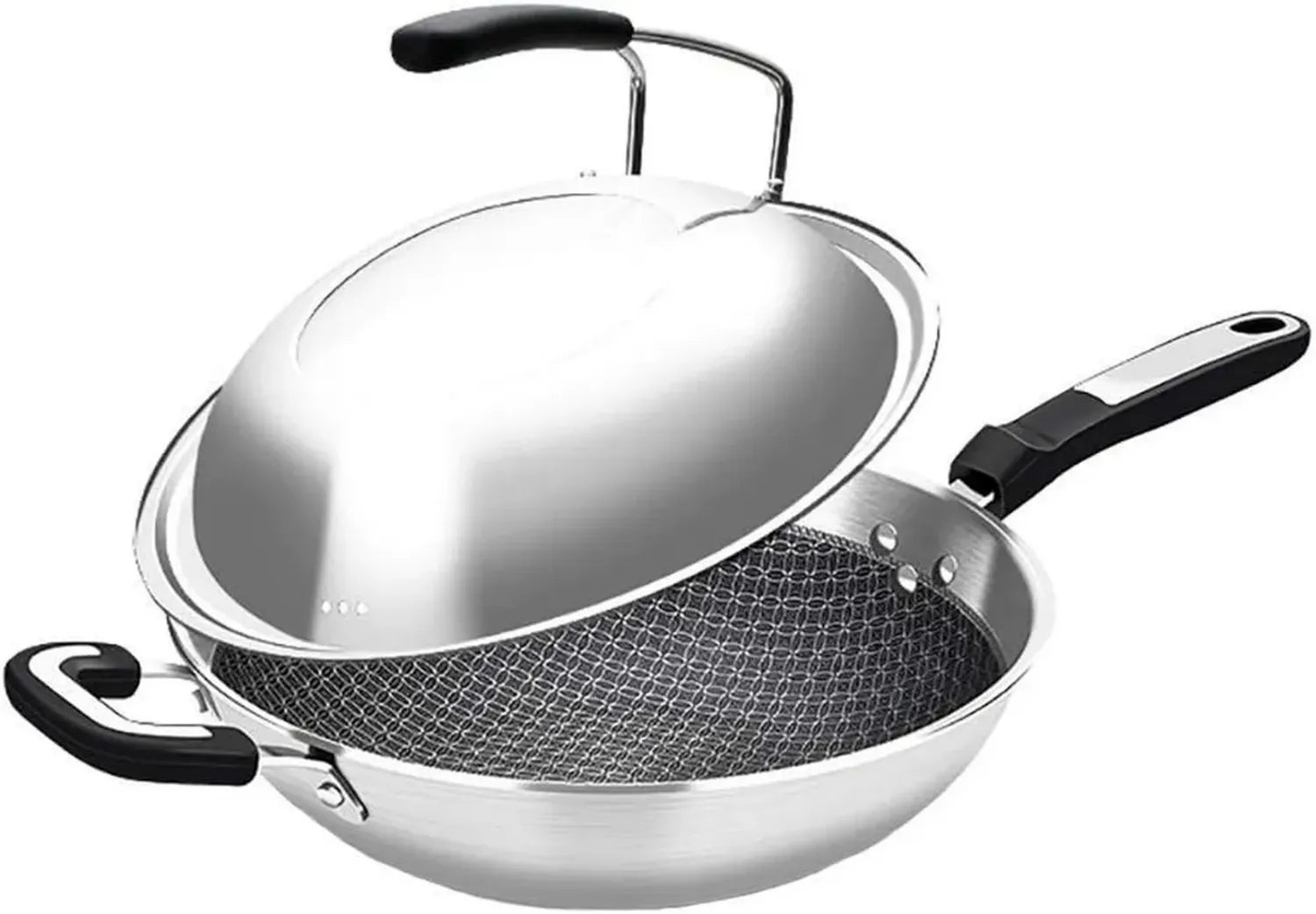 Wok en Acier Inoxydable pour Induction, Antiadhésif, Sans Huile, avec Couvercle Universel