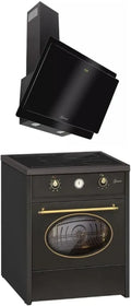 Ensemble de cuisine rétro induction 60 cm, four 60 L noir avec hotte murale en verre
