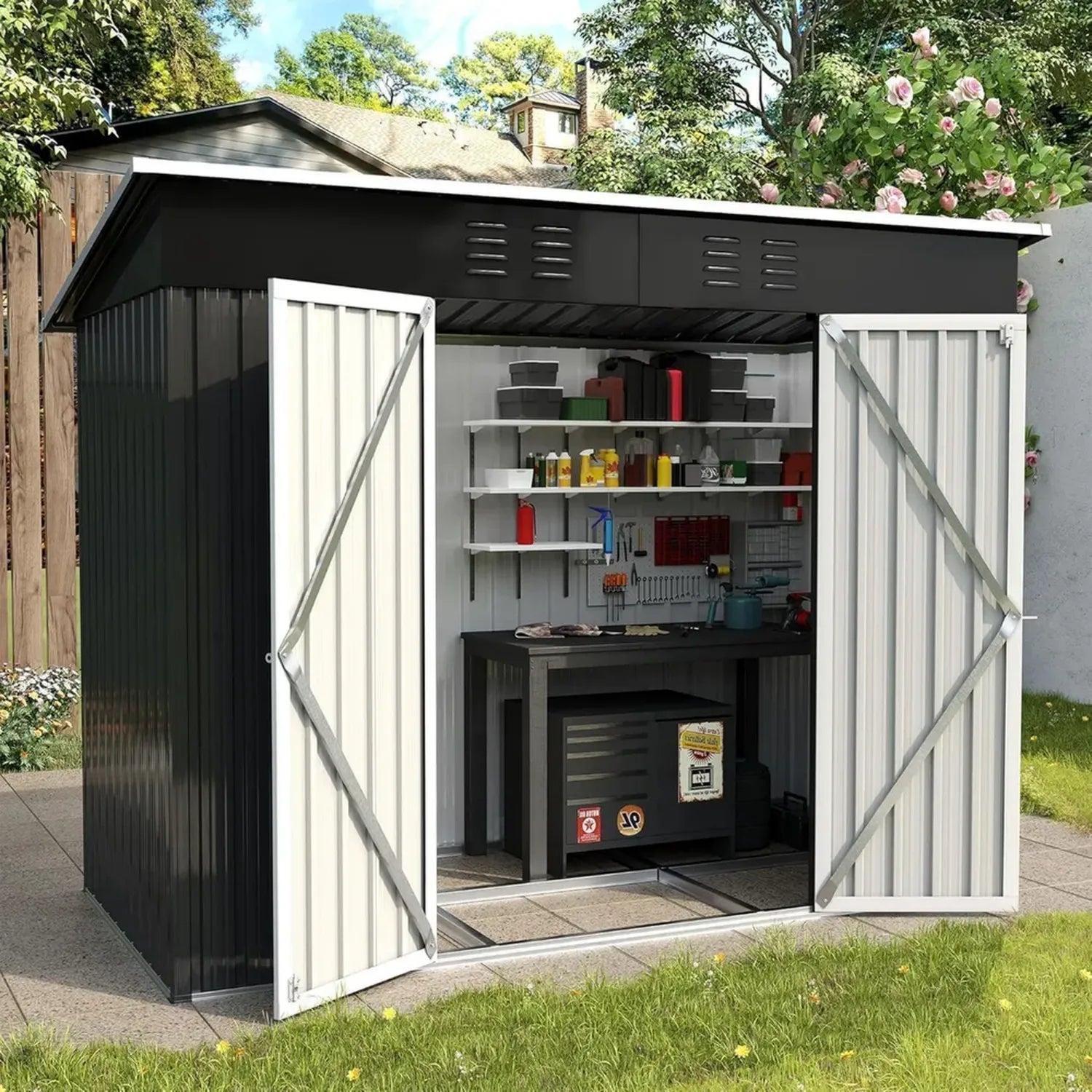 Cabane de Jardin en Métal Gris avec Toit Incliné et Serrure 241x126x181 cm