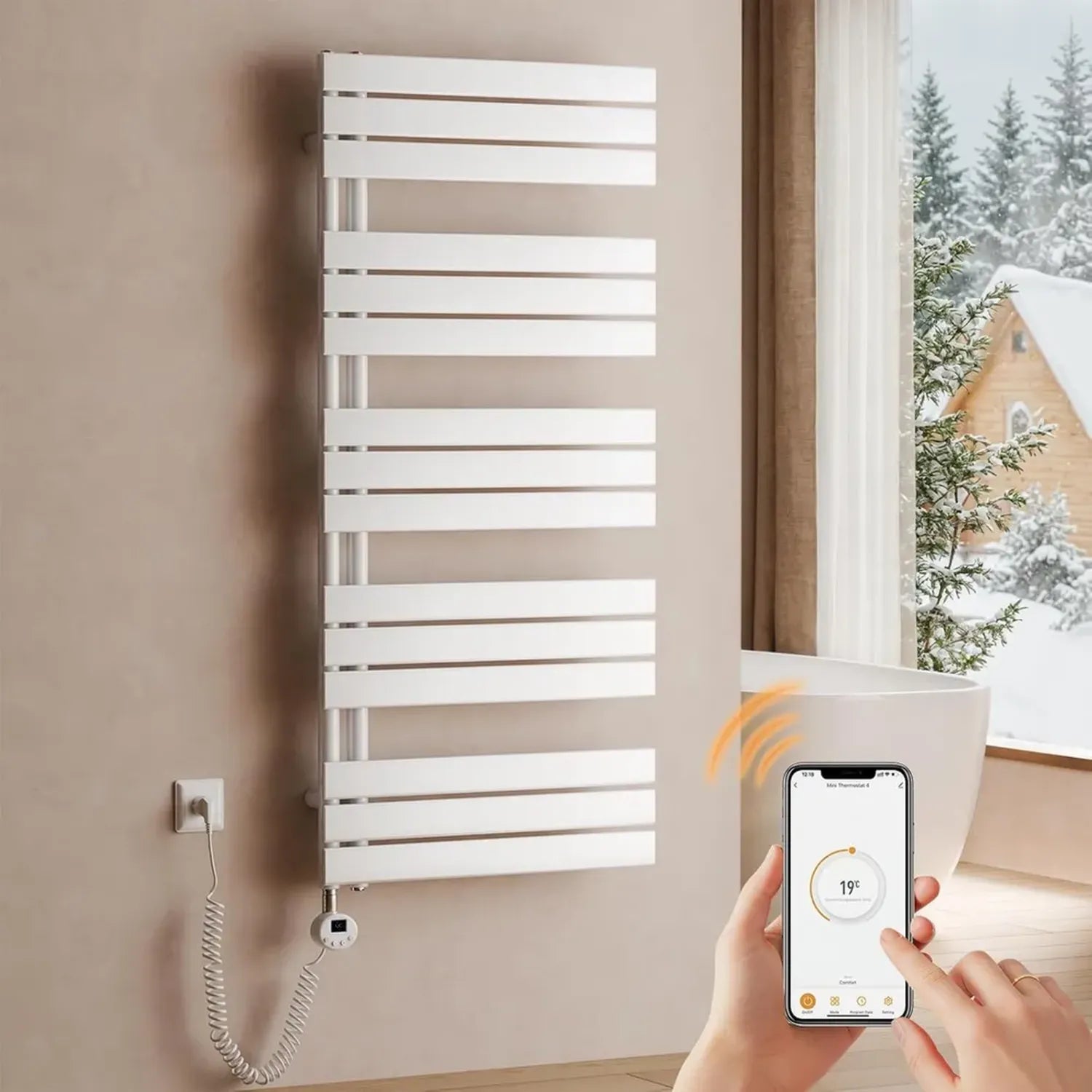 Radiateur Sèche-Serviette Électrique Blanc 800W avec Thermostat, WiFi et Minuterie LCD
