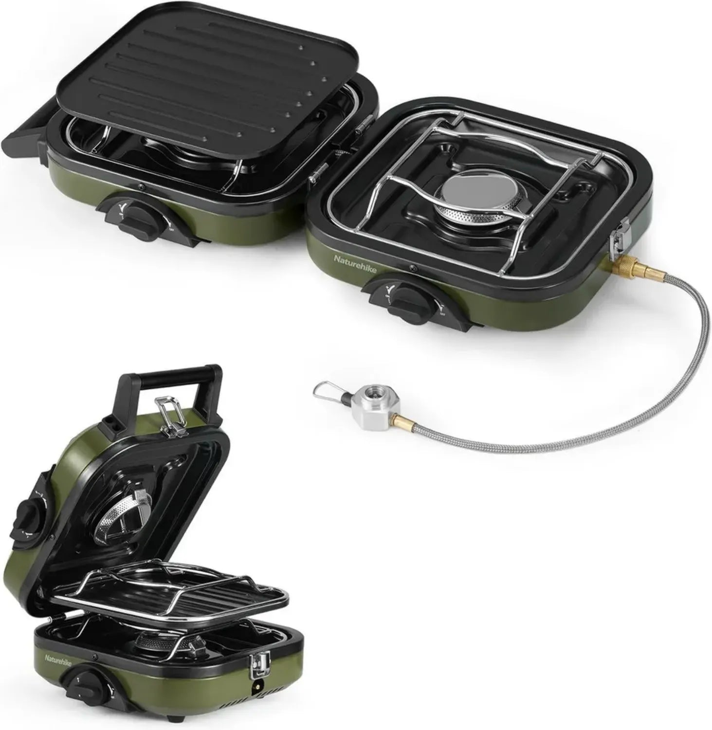 Réchaud de Camping Pliable 2-en-1 avec Grill - 2 Brûleurs Réglables
