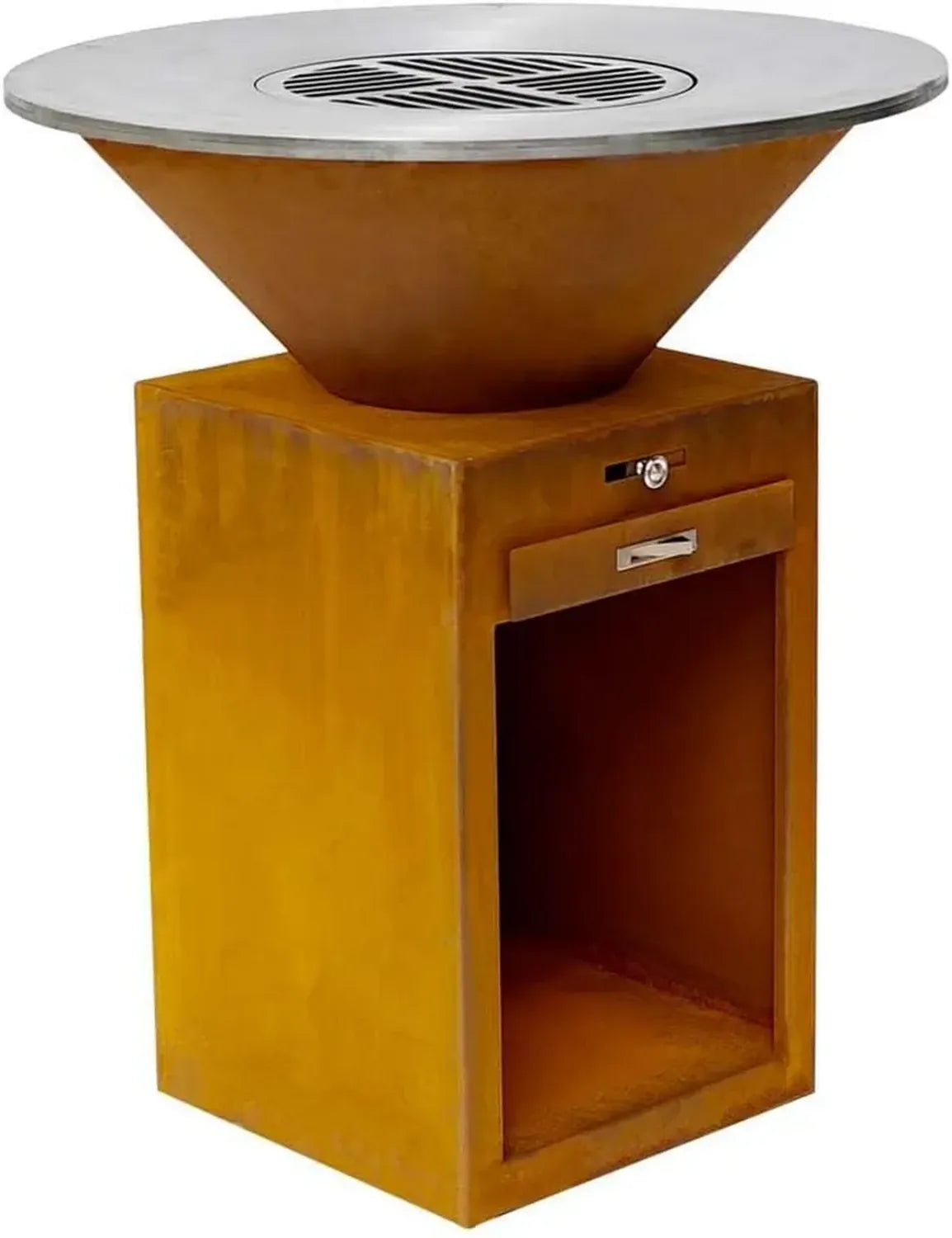 Barbecue Brasero Plancha en Acier Corten avec Meuble de Rangement Carré Ø85cm pour Terrasse
