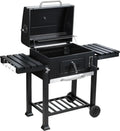 Grill à Charbon avec Couvercle et Thermomètre, Chariot Réglable avec Étagères Pliables