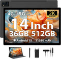 Tablette Android 14 Pouces 2K FHD, 36GB+512GB Extensible, Octa-Core, Batterie 11580mAh, 4 Haut-Parleurs, Caméra 13MP, Dual SIM 4G/5G, WiFi/GPS, Accessoires Inclus, Noir