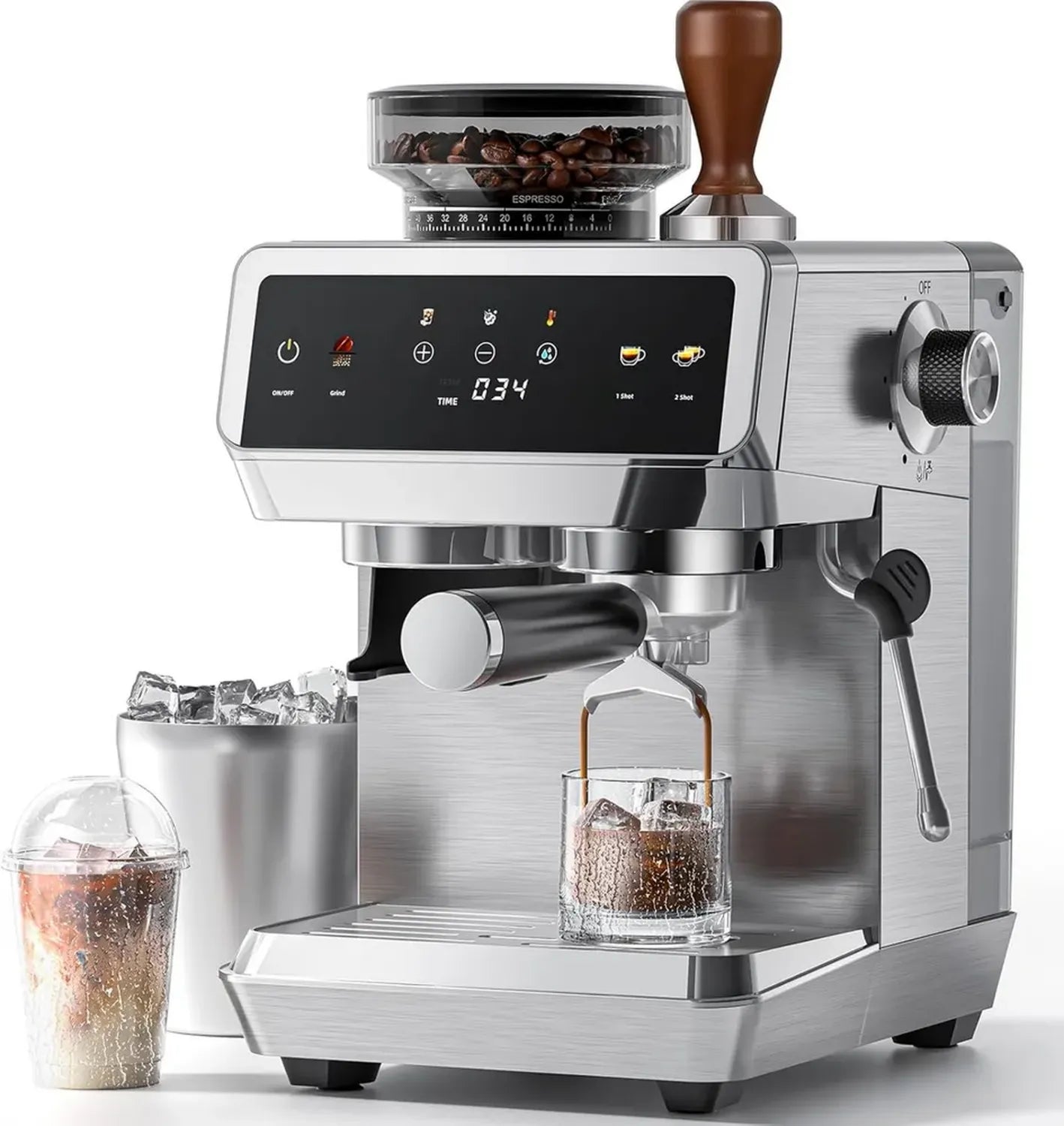 AMZCHEF Expresso 20 Bars avec Moulin Intégré, Multi-Températures, Buse Vapeur, Acier Inox, Réservoir 1,8L