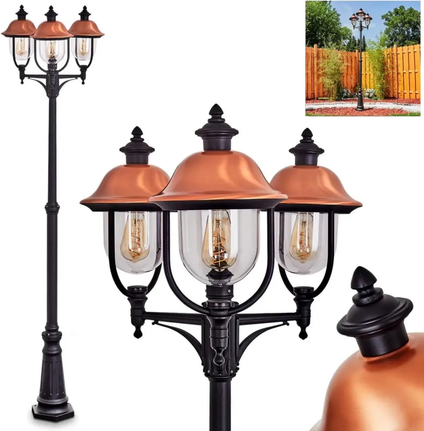 Lampadaire extérieur moderne 3 flammes noir et cuivre pour jardin, E27, IP44
