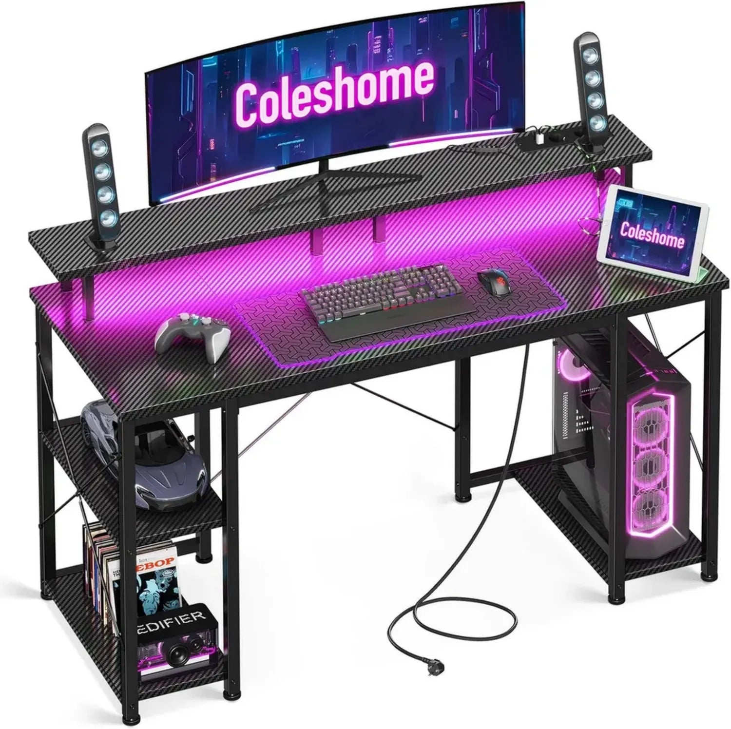 Bureau Gaming LED Coleshome, 120x50cm avec Prises Électriques et Ports USB, Écran et Support, Idéal Petit Espace, Noir