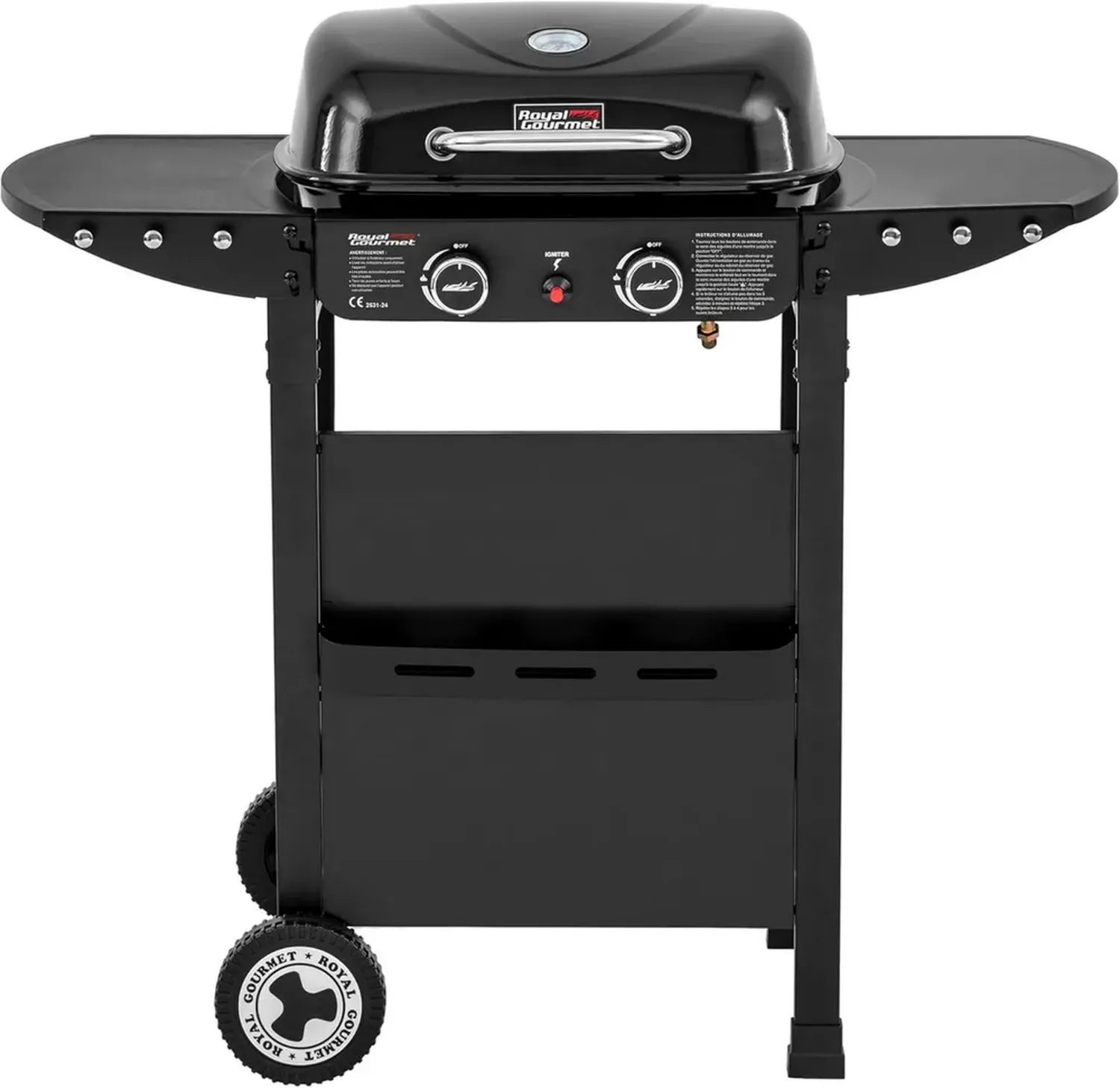 Barbecue à Gaz 2 Brûleurs Royal Gourmet avec Plaque et Grille, Tables Latérales Pliables, Noir, 5kW pour Jardin et Camping