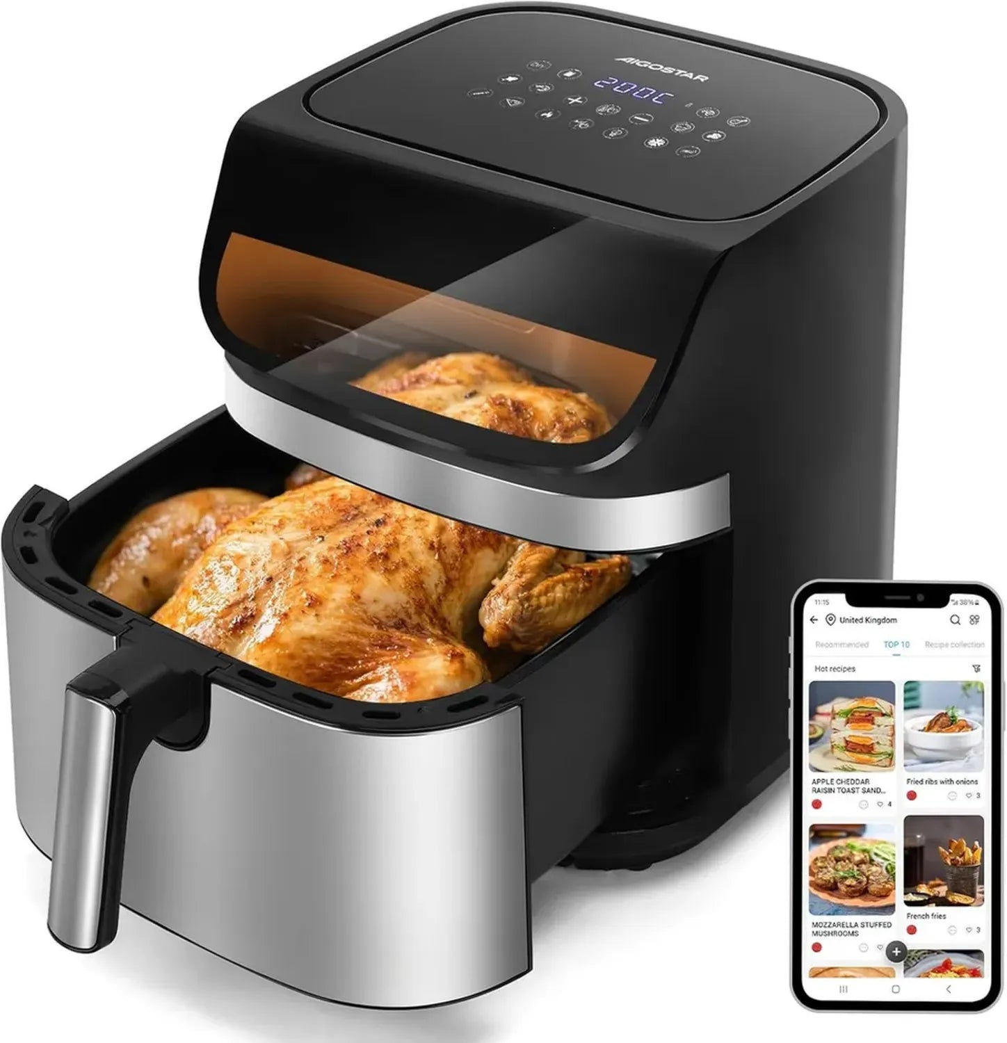Friteuse à Air Aigostar XXL 8,8L 2200W, Économie d'Énergie 55%, 13 Programmes, Inox, Écran Tactile & Fenêtre, Noir