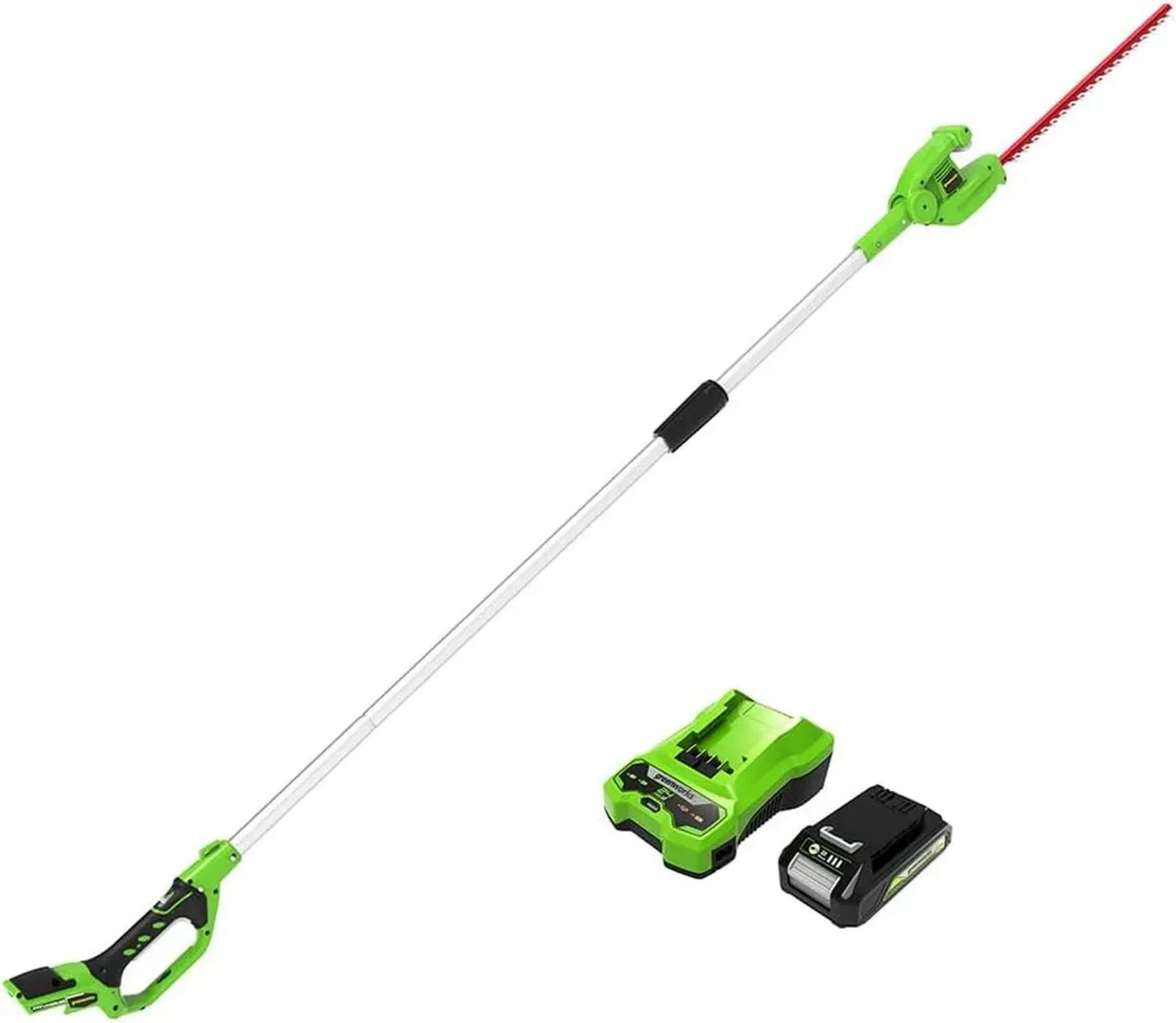 Taille-haie télescopique sur batterie 24V, lames double action 51 cm, coupe 18 mm, tête pivotante 125°, kit avec chargeur, garantie 3 ans