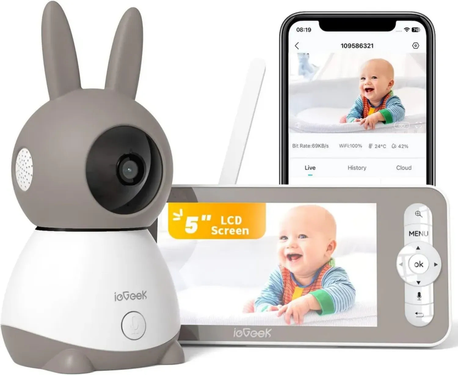 Caméra de Surveillance Bébé 360° avec Alertes Smartphone et Vision Nocturne, ieGeek