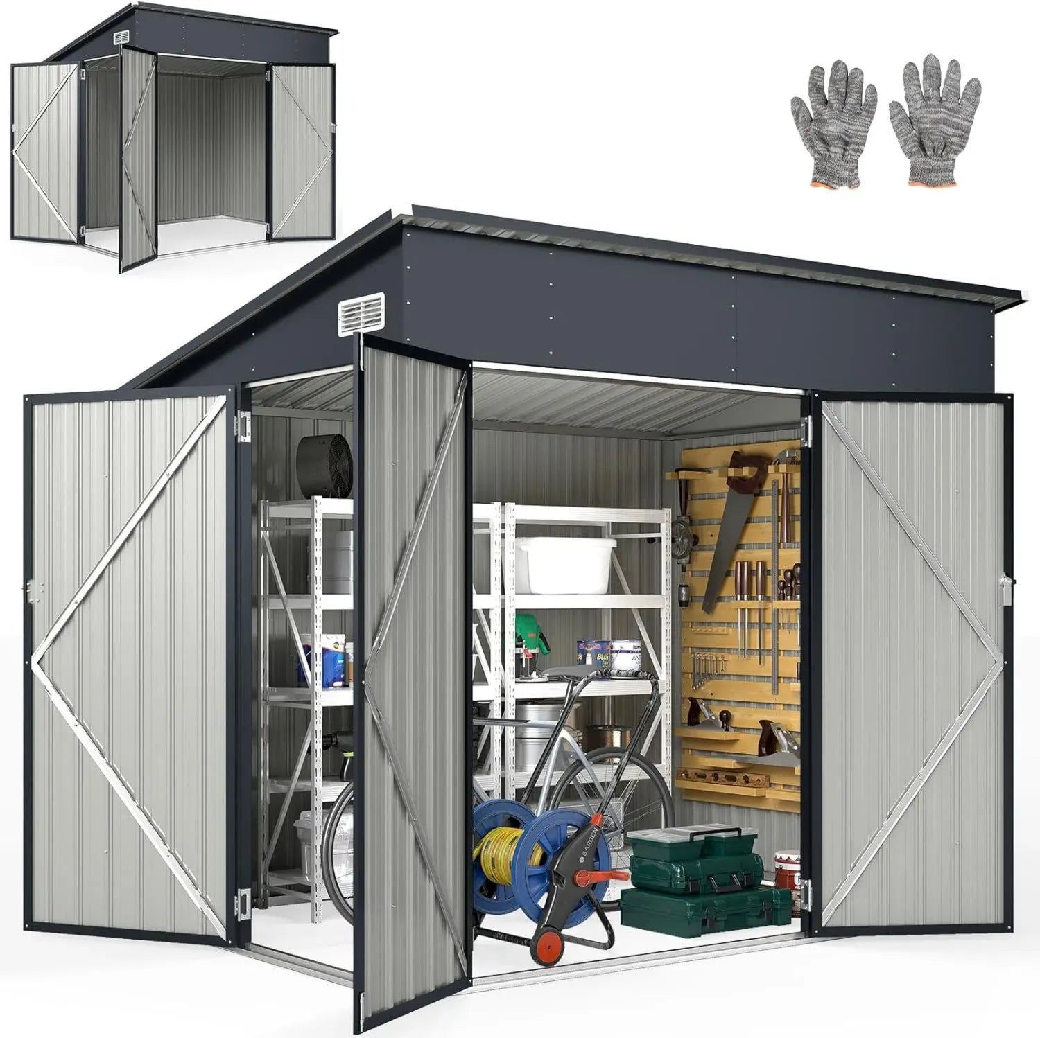 Abri de Jardin en Métal 235x174x197CM avec Portes Verrouillables et Fenêtres - Résistant aux Intempéries pour Stockage Extérieur - Gris