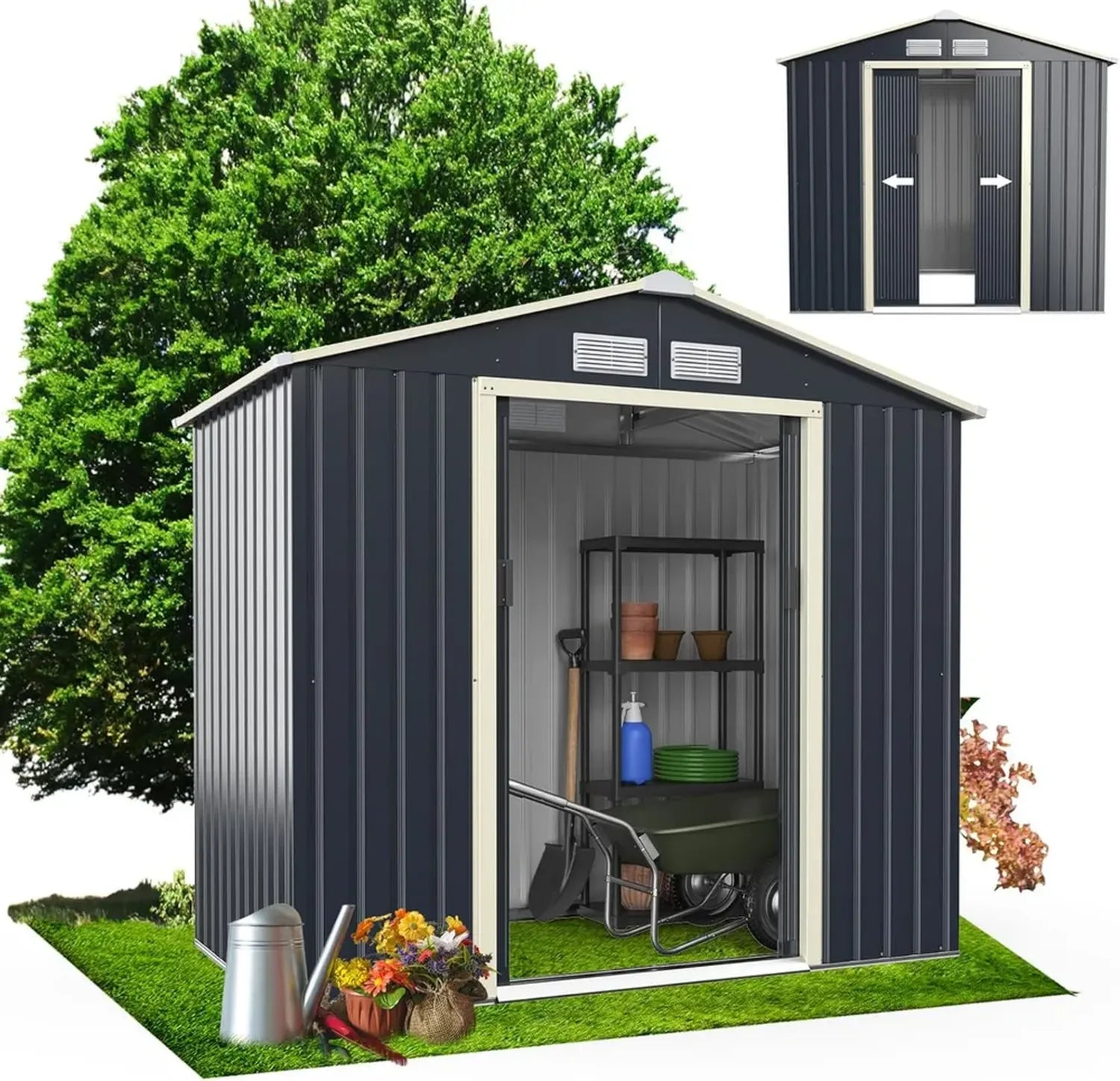 Abri de Jardin Métal Résistant 3m2 avec Porte Coulissante Toit Incliné, Cabane Extérieure 213x128x195cm, Stockage pour Outils