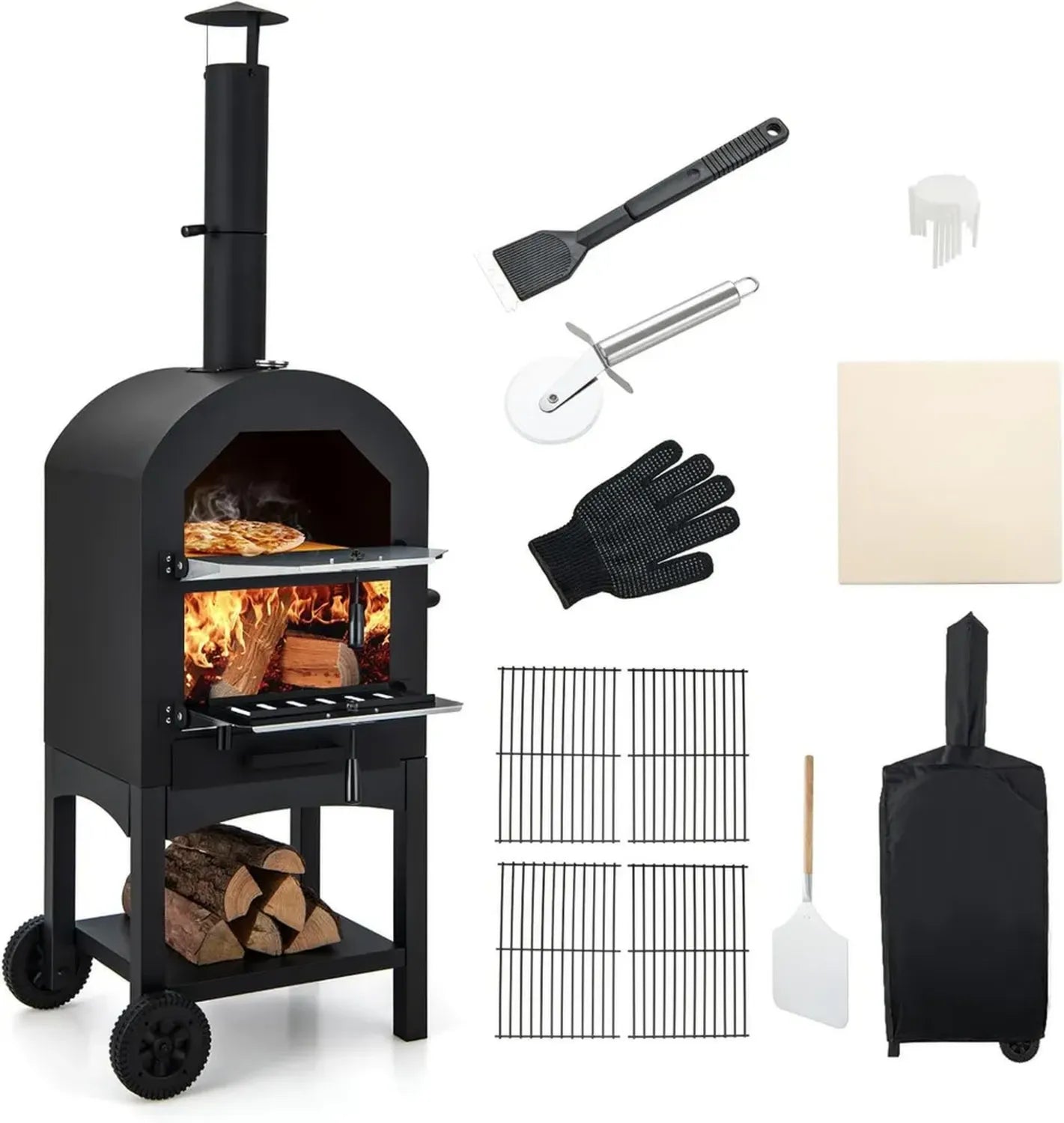 Four à Pizza Extérieur Mobile 162cm avec Thermomètre et Cheminée - Inclus Housse Imperméable, Roues et Poignée Ergonomique