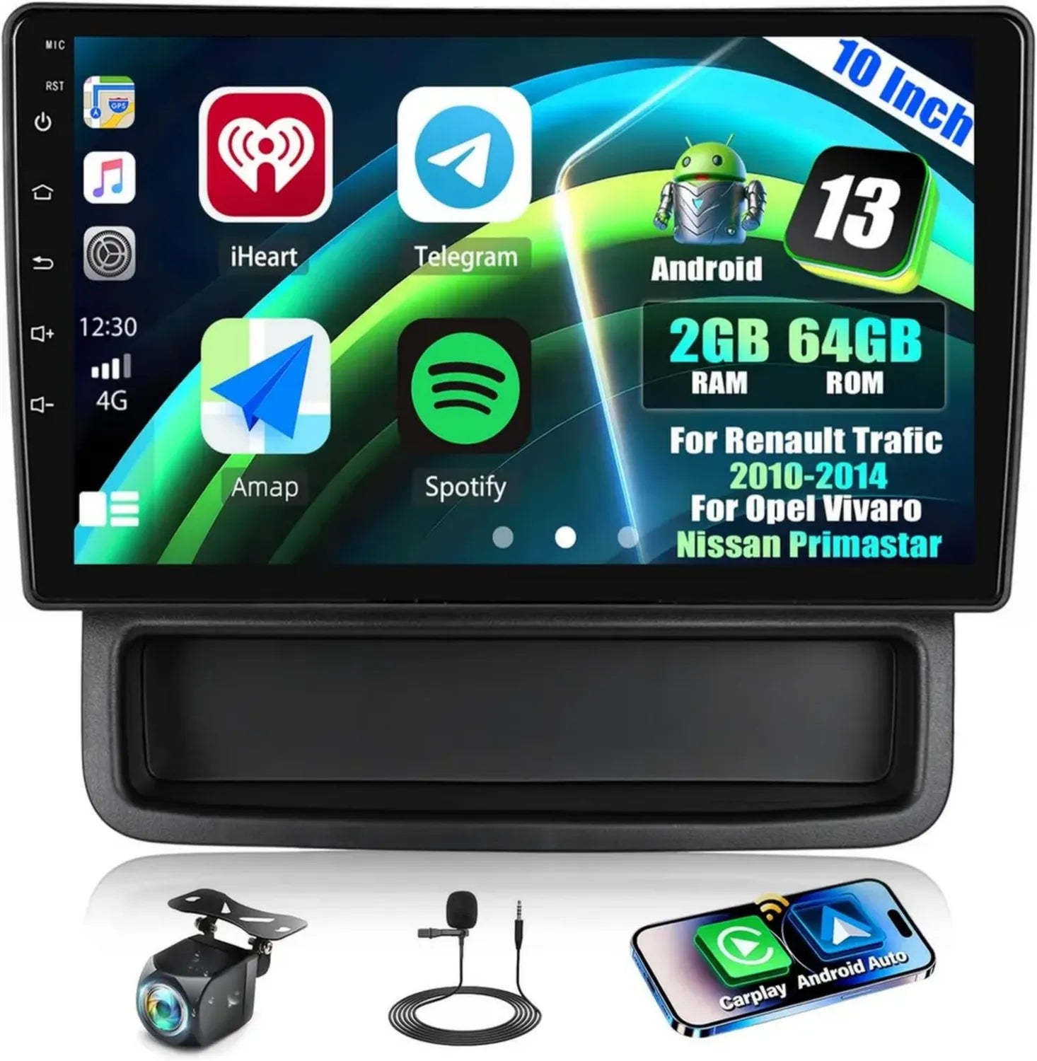 Autoradio Android 13 10'' pour Renault Trafic/Vivaro/Primate Star - 2+64GB avec Caméra de Recul HD, Bluetooth, GPS, WiFi, Carplay