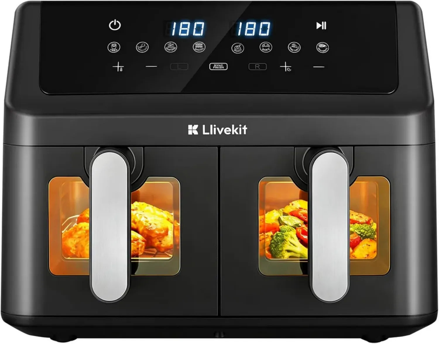 Friteuse à Air XXL LLIVEKIT 9L, Circulation d'Air 4D, Sans Huile, Dual Zone 2x4,5L, 8 Programmes, Économie d'Énergie, Noir