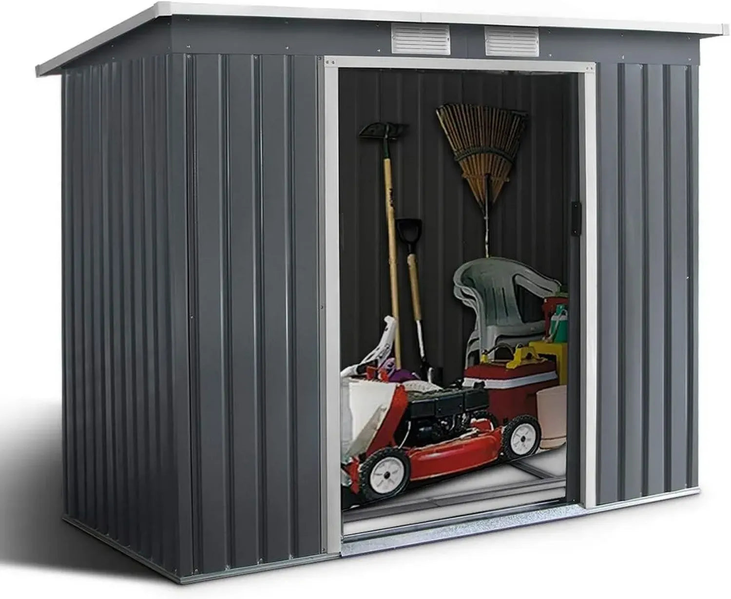 Cabane de Jardin en Acier Galvanisé 2,7m³ avec Toit Incliné et Double Porte, Abri pour Outils avec Ventilation, Idéal pour Extérieur 213x130x173 cm Gris Foncé