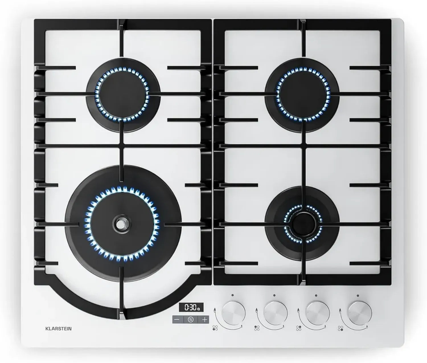 Plaque de Cuisson à Gaz Klarstein Ignito, 4 Foyers en Aluminium, 8000W, Minuterie Intégrée, Sécurité Anti-Flamme, Grilles en Fonte, Allumage Automatique, 60x51cm, Compatible Gaz GPL et Naturel, Blanc