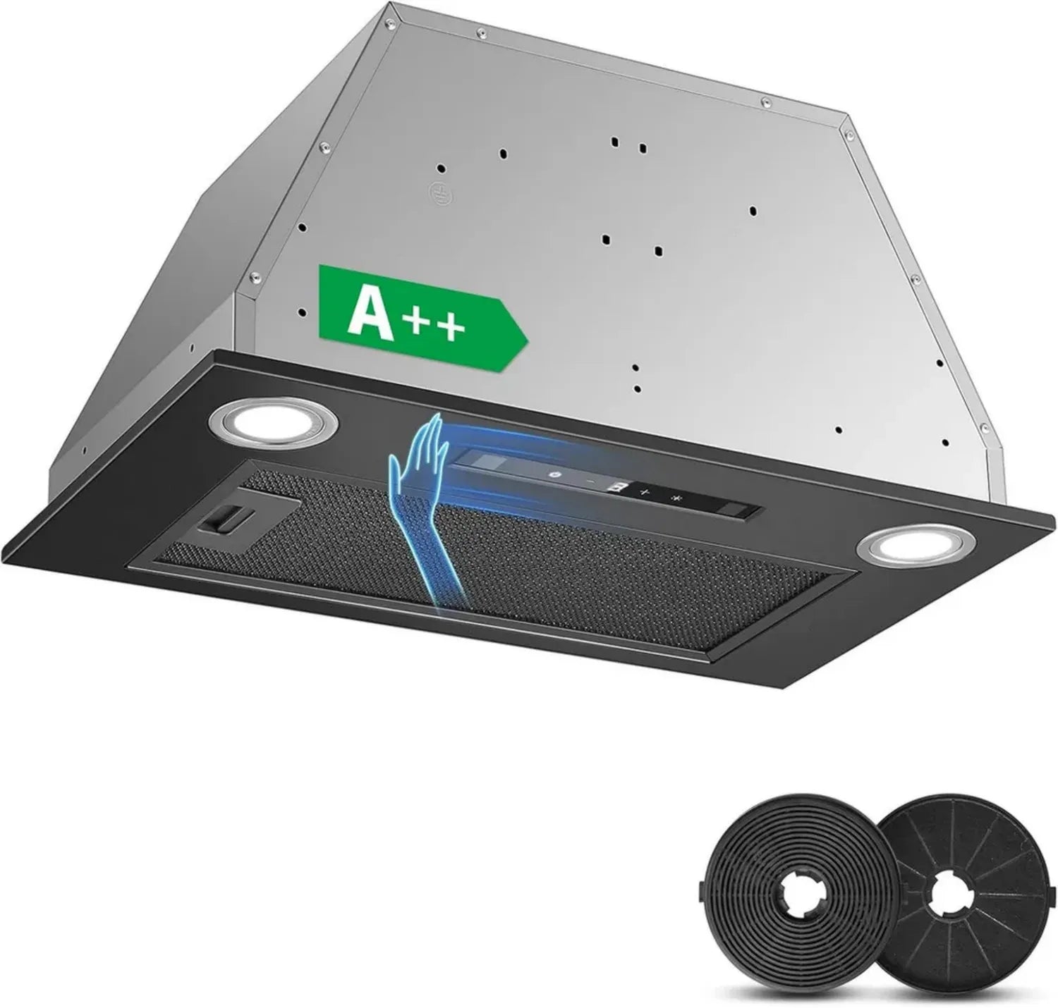 Hotte Encuisine Encastrée 52cm, 400m³/h, Noir, Contrôle Gestuel & Tactile, 3 Vitesses avec Booster, Éclairage LED, Évacuation & Filtration à Charbon