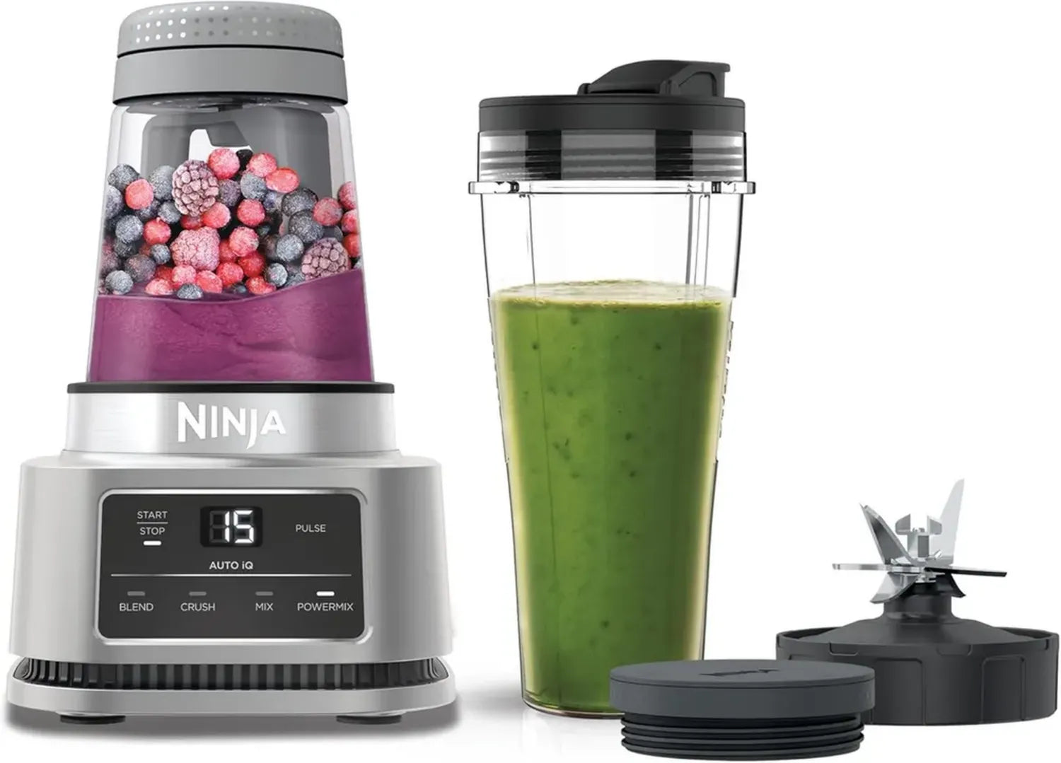 Blender Puissant 2-en-1 Ninja Foodi, Bol à Smoothie et Boissons Glacées, Programmes Automatiques, 1100W, Argent